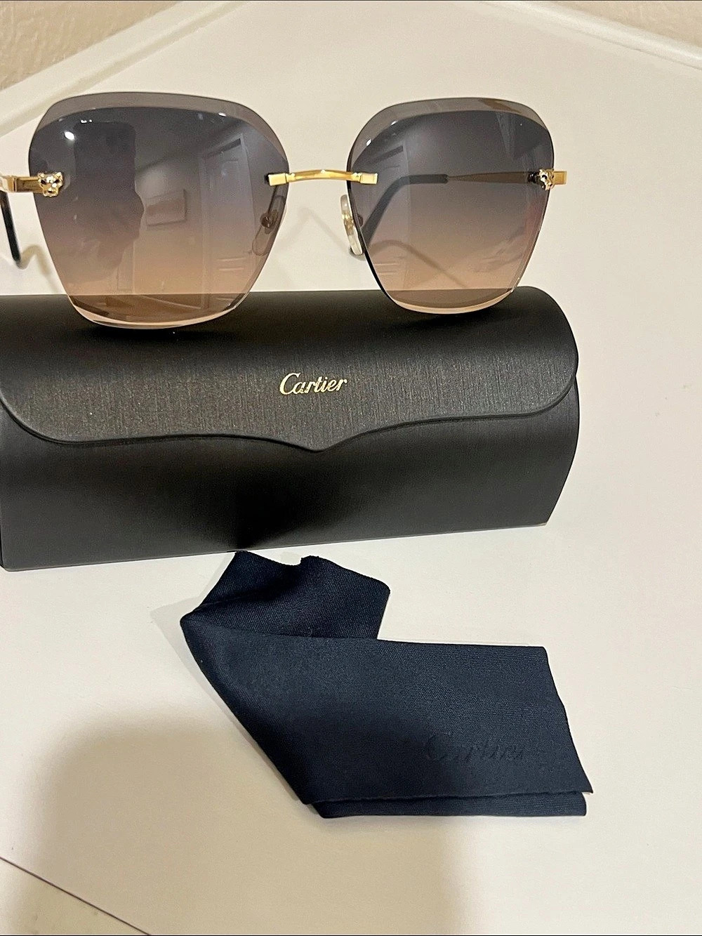 Cartier Panthère de Cartier Rimless Square-Frame Sunglasses Black & Brown-100% a